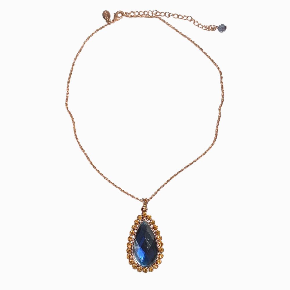 1928 Necklace Blue Rhinestone Pendant Copper Tone Chain Teardrop 2028 Retro 18”